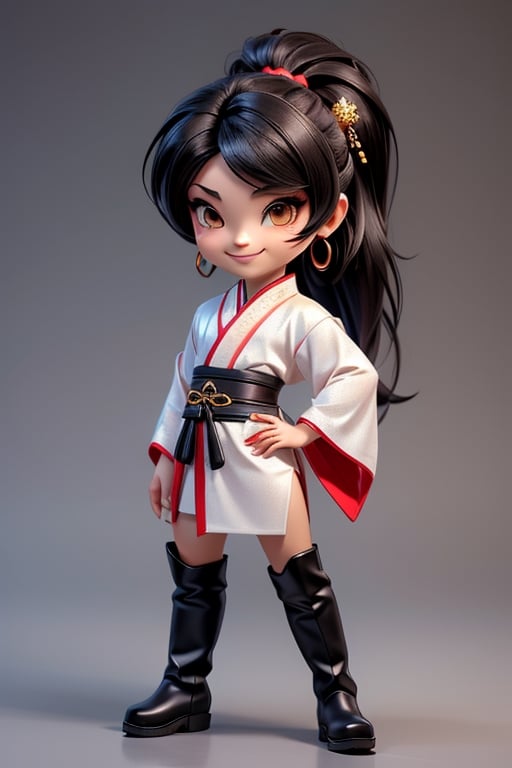 ((best quality)), ((masterpiece)), ((ultra-detailed)), high resolution, chibi boy, fluffy black hair, brown eyes, futuristic clothing, dynamic pose, cute, lite smile, happy, simple background, full body, 3DMM, High detailed, chibi, dynamic pose, cyberpunk, light hanfu, ear_ring, pony_tail, long boots, big head, High detailed, Color magic, Saturated colors, print robe