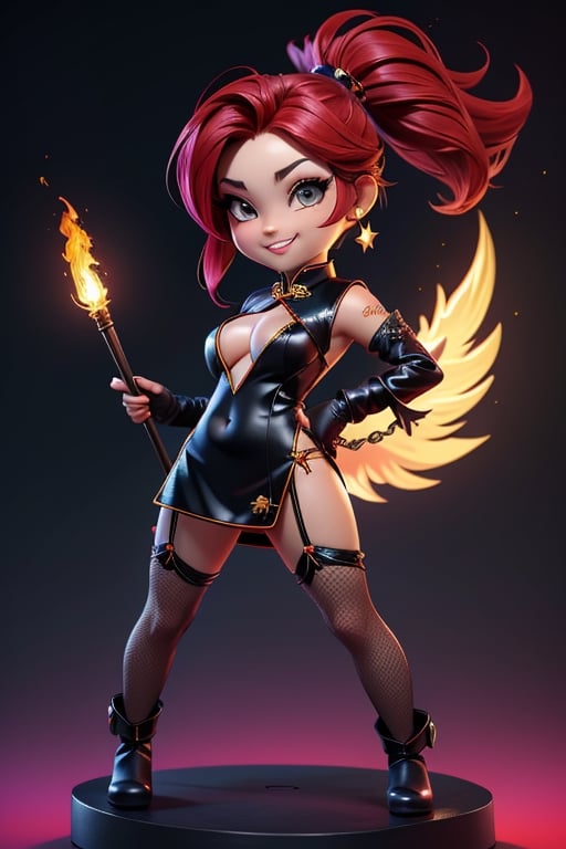 ((best quality)), ((masterpiece)), ((ultra-detailed)), high resolution, chibi girl, black ponytail, dark grey eyes, futuristic clothing, dynamic pose, cute, mischievous smile, happy, simple background, full body, 3DMM, chibi, dynamic pose, cyberpunk, black and red robe, long boots, big head, Color magic, Saturated colors, phoenix robe, leather miniskirt, long_gloves, High detailed , baton, cleavage, oppai, chibi, sexy cheongsam, necklace, belly button, fishnet stockings