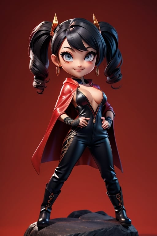 ((best quality)), ((masterpiece)), ((ultra-detailed)), high resolution, chibi girl, black twintail, dark grey eyes, futuristic clothing, dynamic pose, cute, mischievous smile, happy, simple background, full body, 3DMM, chibi, dynamic pose, cyberpunk, black and red robe, long boots, big head, Color magic, Saturated colors, tiger motive robe, leather pants, print shirt, fingerless_glove, High detailed , weapons, boob_window, chibi
