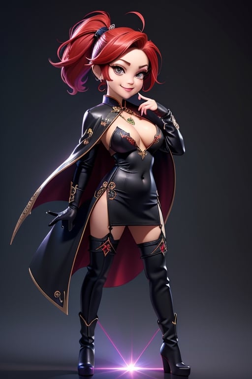 ((best quality)), ((masterpiece)), ((ultra-detailed)), high resolution, chibi girl, black ponytail, dark grey eyes, futuristic clothing, dynamic pose, cute, mischievous smile, happy, simple background, full body, 3DMM, chibi, dynamic pose, cyberpunk, black and red robe, long boots, big head, Color magic, Saturated colors, phoenix robe, leather miniskirt, long_gloves, High detailed , laser daggers, cleavage, oppai, super chibi, sexy cheongsam, necklace, belly button, fishnet stockings