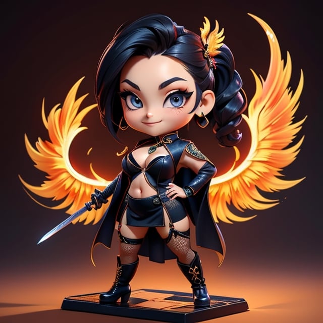 ((best quality)), ((masterpiece)), ((ultra-detailed)), high resolution, chibi girl, black ponytail, dark grey eyes, futuristic clothing, dynamic pose, cute, mischievous smile, happy, simple background, full body, 3DMM, chibi, dynamic pose, cyberpunk, black and red robe, long boots, phoenix robe, leather miniskirt, long_gloves, High detailed, katana, cleavage, sexy cheongsam, necklace, belly button, fishnet stockings, translucent bunnysuit,  see_through, chibi, big head, showing belly button, mini pet phoenix on shoulder