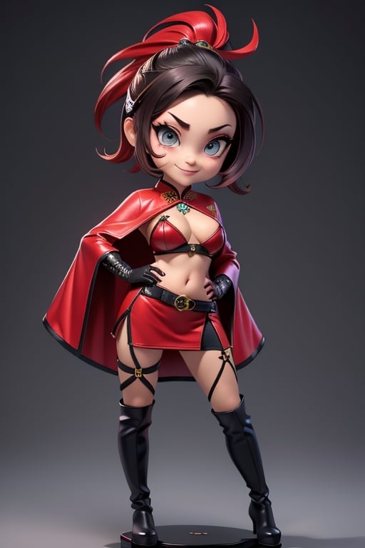 ((best quality)), ((masterpiece)), ((ultra-detailed)), high resolution, chibi girl, black ponytail, dark grey eyes, futuristic clothing, dynamic pose, cute, mischievous smile, happy, simple background, full body, 3DMM, chibi, dynamic pose, cyberpunk, black and red robe, long boots, big head, Color magic, Saturated colors, phoenix robe, leather miniskirt, long_gloves, High detailed , laser daggers, cleavage, oppai, super chibi, sexy cheongsam, necklace, belly button, fishnet stockings