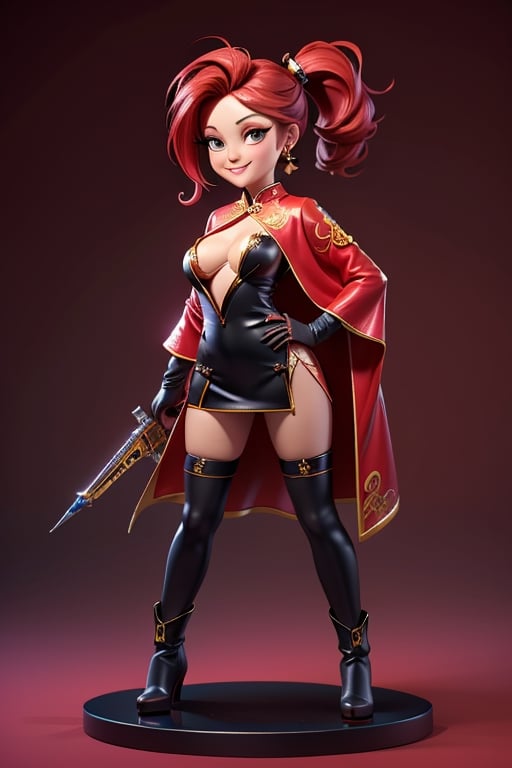 ((best quality)), ((masterpiece)), ((ultra-detailed)), high resolution, chibi girl, black ponytail, dark grey eyes, futuristic clothing, dynamic pose, cute, mischievous smile, happy, simple background, full body, 3DMM, chibi, dynamic pose, cyberpunk, black and red robe, long boots, big head, Color magic, Saturated colors, tiger motive robe, leather miniskirt, long_gloves, High detailed , weapons, cleavage, oppai, chibi, sexy translucent cheongsam, necklace, 