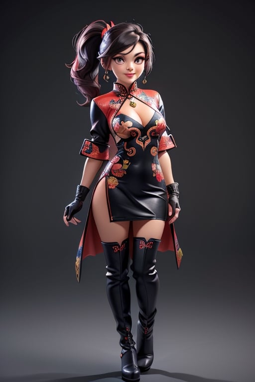 ((best quality)), ((masterpiece)), ((ultra-detailed)), high resolution, chibi girl, black ponytail, dark grey eyes, futuristic clothing, dynamic pose, cute, mischievous smile, happy, simple background, full body, 3DMM, chibi, dynamic pose, cyberpunk, black and red robe, long boots, big head, Color magic, Saturated colors, tiger motive robe, leather miniskirt, print shirt, fingerless_glove, High detailed , weapons, cleavage, chibi, cheongsam, necklace