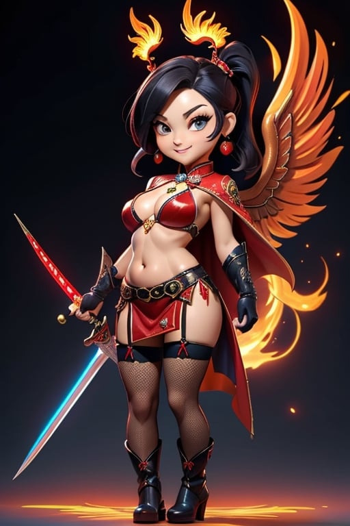 ((best quality)), ((masterpiece)), ((ultra-detailed)), high resolution, chibi girl, black ponytail, dark grey eyes, futuristic clothing, dynamic pose, cute, mischievous smile, happy, simple background, full body, 3DMM, chibi, dynamic pose, cyberpunk, black and red robe, long boots, phoenix robe, leather miniskirt, long_gloves, High detailed, 2 laser swords, cleavage, sexy cheongsam, necklace, belly button, fishnet stockings, translucent bunnysuit,  see_through, chibi, big head, showing belly button