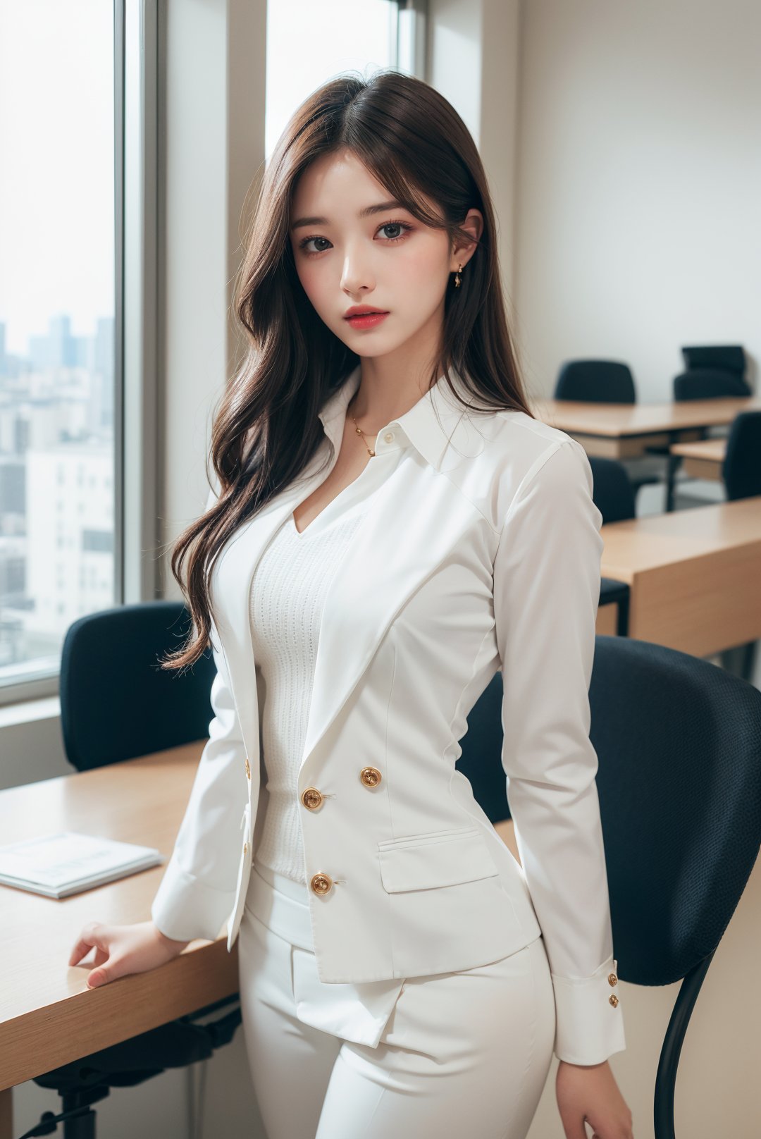 photorealistic:1.37, masterpiece, best quality, raw photo, absurdres, uhd, 1girl, wavy hair, brown hair, looking at viewer, in the large meeting room of the office in the high tower office building in Tokyo, Tokyo tower, intricate detail, detailed background, detailed skin, pore, highres, hdr, presentation to ten men, beautiful model, soft light to the face, JP_MODELS, medium breasts, a 30 yo woman,((white shirts, pants suits)), blurry_light_background