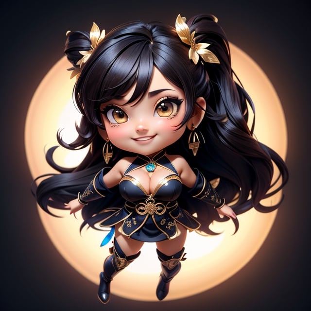 ((best quality)), ((masterpiece)), ((ultra-detailed)), high resolution, chibi girl, fluffy black hair, brown eyes, futuristic clothing, dynamic pose, cute, lite smile, happy, simple background, full body, 3DMM, High detailed, chibi, dynamic pose, cyberpunk, hanfu, showing shoulders, ear_ring, pony_tail, long boots, cleavage, necklace, big_boobs,High detailed , ahoge, leaping from above