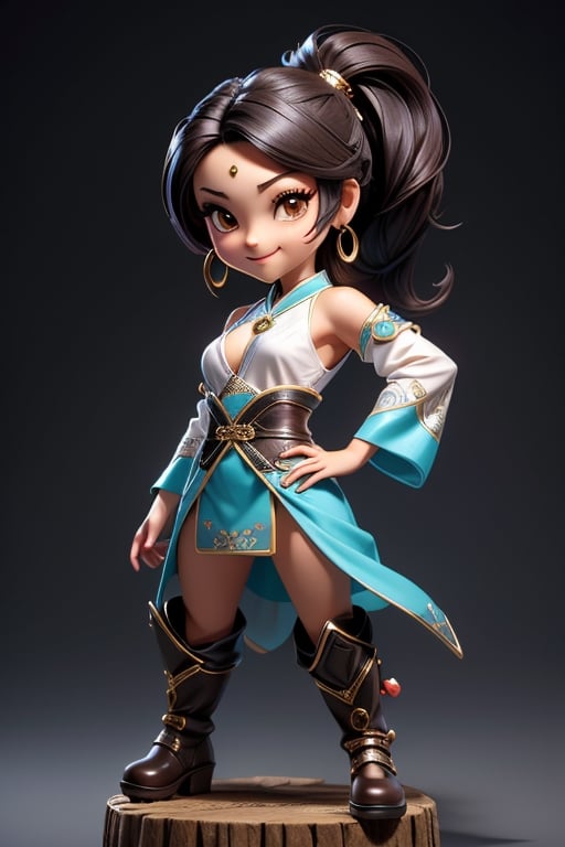 ((best quality)), ((masterpiece)), ((ultra-detailed)), high resolution, chibi girl, fluffy black hair, brown eyes, futuristic clothing, dynamic pose, cute, lite smile, happy, simple background, full body, 3DMM, High detailed, chibi, dynamic pose, cyberpunk, light hanfu, showing shoulders, ear_ring, pony_tail, long boots, cleavage, necklace, big head