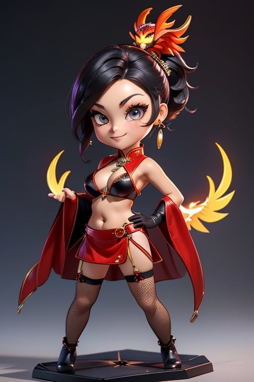 ((best quality)), ((masterpiece)), ((ultra-detailed)), high resolution, chibi girl, black ponytail, dark grey eyes, futuristic clothing, dynamic pose, cute, mischievous smile, happy, simple background, full body, 3DMM, chibi, dynamic pose, cyberpunk, black and red robe, long boots, phoenix robe, leather miniskirt, long_gloves, High detailed, katana, cleavage, sexy cheongsam, necklace, belly button, fishnet stockings, translucent bunnysuit,  see_through, chibi, big head, showing belly button, mini pet phoenix on shoulder