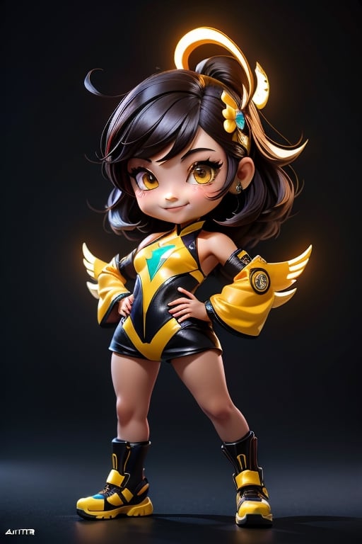 ((best quality)), ((masterpiece)), ((ultra-detailed)), high resolution, chibi girl, black fluffy hair, ahoge, brown eyes, futuristic clothing, dynamic pose, cute, smile, happy, simple background, full body, 3DMM, High detailed, chibi, dynamic pose, cyberpunk, yellow hanfu, holding cyberpunk neon katar, High detailed , showing shoulders,High detailed 