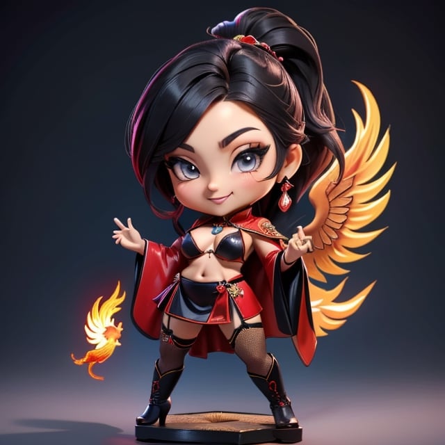 ((best quality)), ((masterpiece)), ((ultra-detailed)), high resolution, chibi girl, black ponytail, dark grey eyes, futuristic clothing, dynamic pose, cute, mischievous smile, happy, simple background, full body, 3DMM, chibi, dynamic pose, cyberpunk, black and red robe, long boots, phoenix robe, leather miniskirt, long_gloves, High detailed, katana, cleavage, sexy cheongsam, necklace, belly button, fishnet stockings, translucent bunnysuit,  see_through, chibi, big head, showing belly button, mini pet phoenix on shoulder