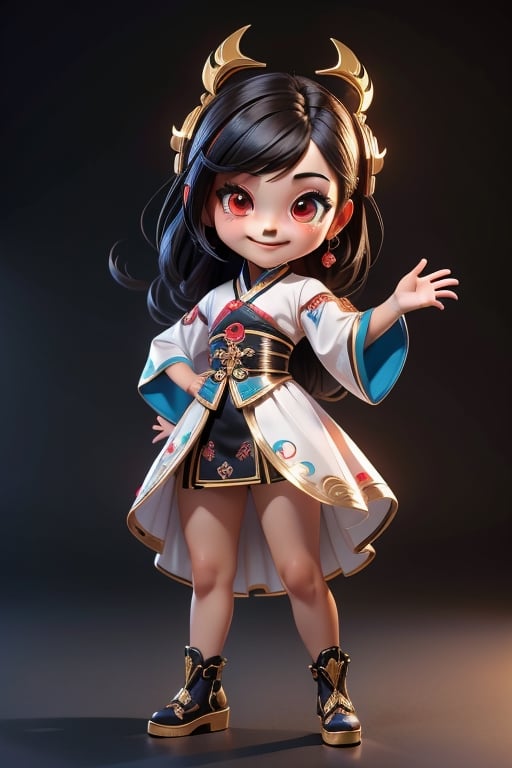 ((best quality)), ((masterpiece)), ((ultra-detailed)), high resolution, chibi girl, black hair, brown eyes, futuristic clothing, dynamic pose, cute, smile, happy, simple background, full body, 3DMM, High detailed, chibi, smiling, dynamic pose, cyberpunk, hanfu, open palm hand