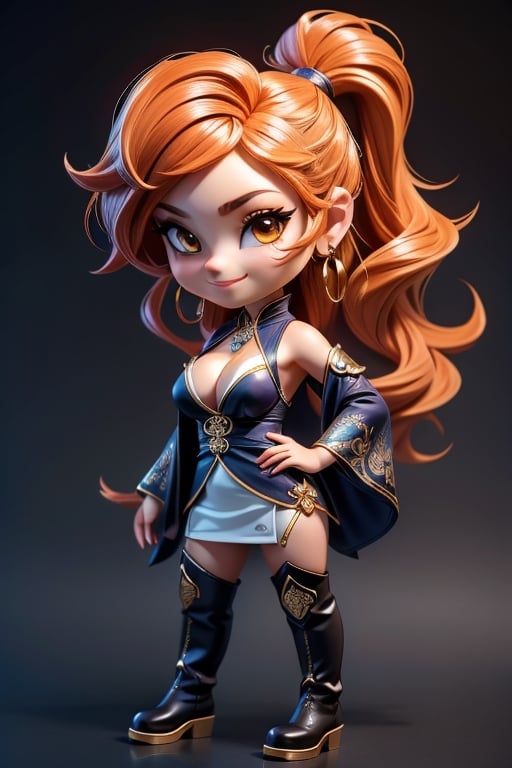 ((best quality)), ((masterpiece)), ((ultra-detailed)), high resolution, chibi girl, fluffy hair, brown eyes, futuristic clothing, dynamic pose, cute, lite smile, happy, simple background, full body, 3DMM, High detailed, chibi, dynamic pose, cyberpunk, hanfu, showing shoulders, ear_ring, pony_tail, long boots, cleavage, necklace, big_boobs