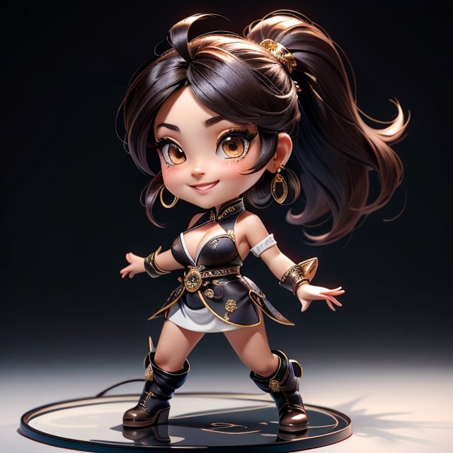 ((best quality)), ((masterpiece)), ((ultra-detailed)), high resolution, chibi girl, fluffy black hair, brown eyes, futuristic clothing, dynamic pose, cute, lite smile, happy, white background, full body, 3DMM, High detailed, chibi, dynamic pose, cyberpunk, hanfu, showing shoulders, ear_ring, pony_tail, long boots, cleavage, necklace, big_boobs,High detailed , ahoge, empty floor