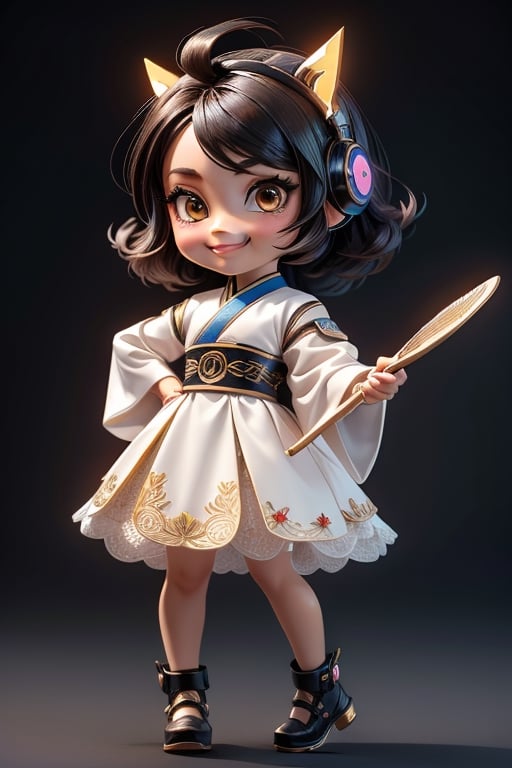 ((best quality)), ((masterpiece)), ((ultra-detailed)), high resolution, chibi girl, black fluffy hair, ahoge, brown eyes, futuristic clothing, dynamic pose, cute, smile, happy, simple background, full body, 3DMM, High detailed, chibi, smiling, dynamic pose, cyberpunk, white hanfu, holding cyber punk neon folding fan, High detailed 