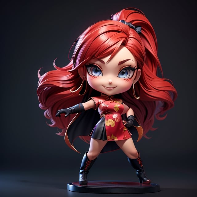 ((best quality)), ((masterpiece)), ((ultra-detailed)), high resolution, chibi girl, black ponytail, dark grey eyes, futuristic clothing, dynamic pose, cute, mischievous smile, happy, simple background, full body, 3DMM, chibi, dynamic pose, cyberpunk, black and red robe, long boots, big head, Color magic, Saturated colors, tiger motive robe, leather miniskirt, print shirt, fingerless_glove, High detailed , weapons, boob_window, chibi,cheongsam