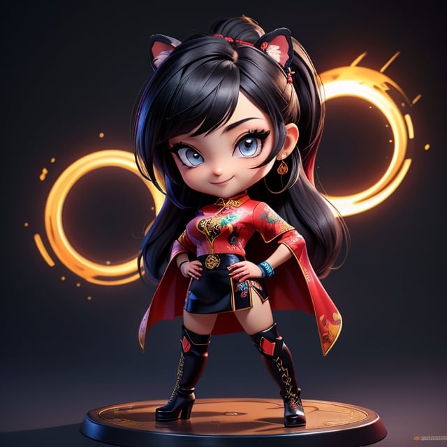 ((best quality)), ((masterpiece)), ((ultra-detailed)), high resolution, chibi girl, black ponytail, dark grey eyes, futuristic clothing, dynamic pose, cute, mischievous smile, happy, simple background, full body, 3DMM, chibi, dynamic pose, cyberpunk, black and red robe, long boots, big head, Color magic, Saturated colors, tiger motive robe, leather miniskirt, print shirt, fingerless_glove, High detailed , weapons, boob_window, chibi,cheongsam