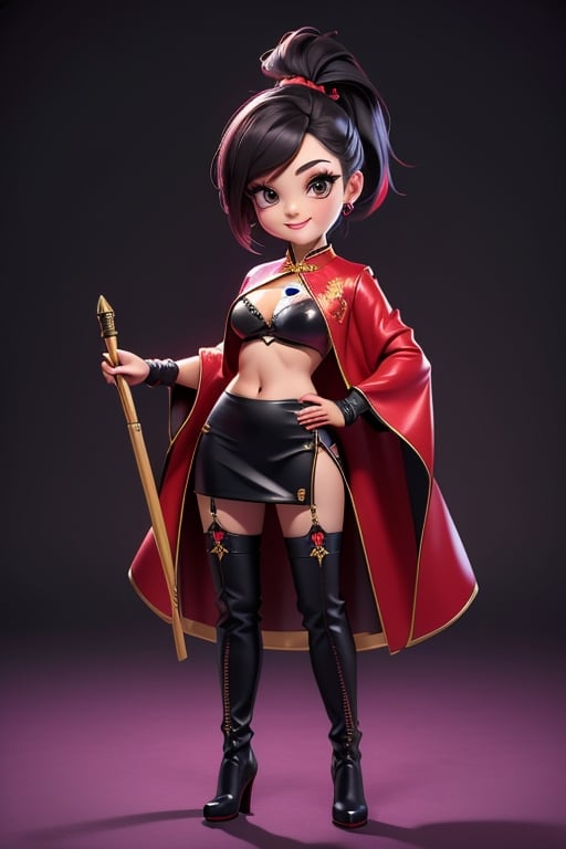 ((best quality)), ((masterpiece)), ((ultra-detailed)), high resolution, chibi girl, black ponytail, dark grey eyes, futuristic clothing, dynamic pose, cute, mischievous smile, happy, simple background, full body, 3DMM, chibi, dynamic pose, cyberpunk, black and red robe, long boots, big head, Color magic, Saturated colors, phoenix robe, leather miniskirt, long_gloves, High detailed , baton, cleavage, oppai, chibi, sexy cheongsam, necklace, belly button, fishnet stockings