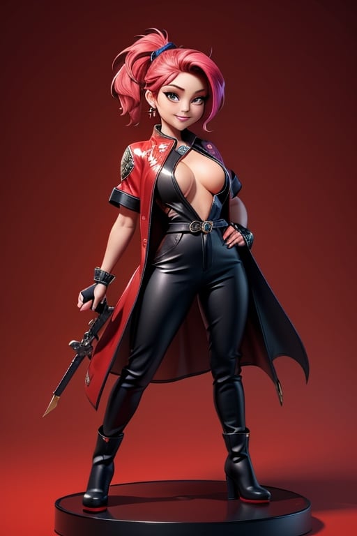 ((best quality)), ((masterpiece)), ((ultra-detailed)), high resolution, chibi girl, black ponytail, dark grey eyes, futuristic clothing, dynamic pose, cute, mischievous smile, happy, simple background, full body, 3DMM, chibi, dynamic pose, cyberpunk, black and red robe, long boots, big head, Color magic, Saturated colors, tiger motive robe, leather pants, print shirt, fingerless_glove, High detailed , weapons, boob_window, chibi
