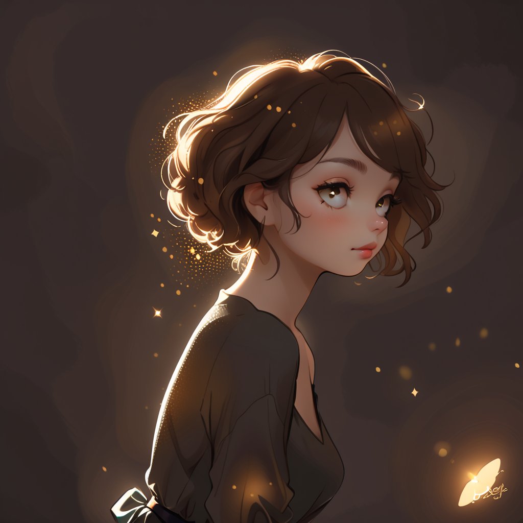 A flat 2D illustration captures the serene silhouette of a woman's face in side profile, her gaze drifting slightly upward as if lost in thought. The delicate curves of her features are defined against a warm, golden light that casts a flattering glow on her skin. high contrast,c4toony style