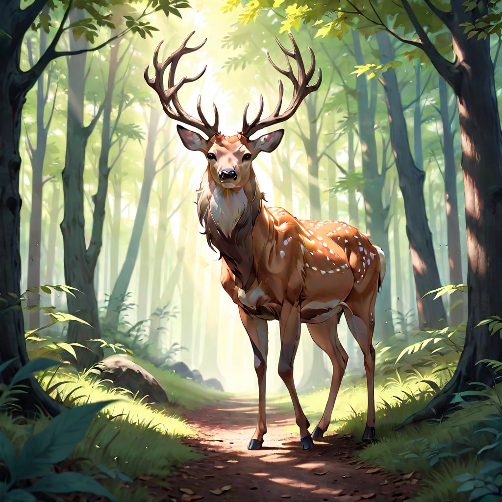 Hyperrealistic photo, distant shot of a beautiful deer, a very large male deer, with large antlers, is in a forest. The deer walks very slowly through the very lush forest, with large trees, the light enters through the leaves of the trees. The light creates a contrast of shadows on the animal. Beautiful scene, ultra detailed, hyperrealistic, colorful, distant.