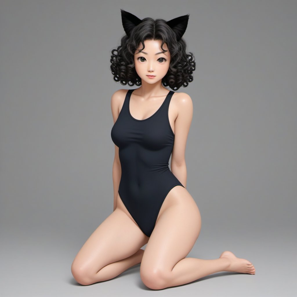 (full body of a Japanese woman in the style of ), (shiny black curly hair, cat ears),, (woman:1.4), full, more detail XL