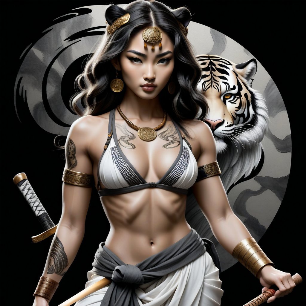 afrodita, A beautifully drawn , featuring intricateencircling a (((sumi-e ink illustration, greek roman mythology))) depicting tiger, in a stance holding a katana, ying yang sybol behind the head, integrating elements of Japanese calligraphy  with black back ground
,MeganFox