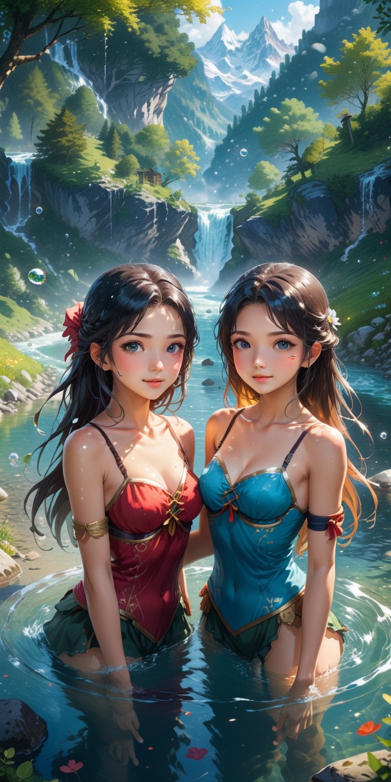 Create a vivid and enchanting anime-style scene set in a fantasy world. In this scene, depict two beautiful girls immersed in a crystal-clear river, joyfully playing with the water. The river should be surrounded by lush, vibrant scenery, and the girls should be interacting with water in a playful and captivating way, with water bubbles and splashes adding to the magic of the moment. Capture the beauty of this friendship and the serene, picturesque atmosphere of their surroundings, making it a truly captivating and enchanting image. ((Perfect face)), ((perfect eyes)), ((super realistic high quality image)),