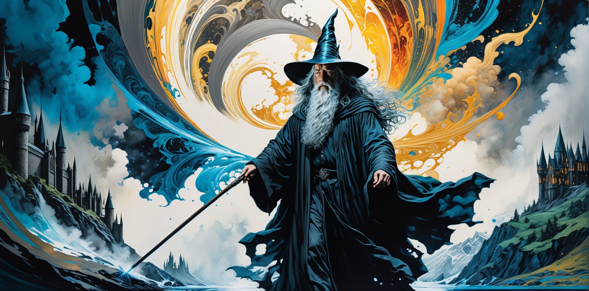 Ultra-Wide angle shot, photorealistic of gothic medieval of thrilling fusion between harry potter and gandalf, resulting in a new character that embodies elements of both, people, seeBlack ink flow: 8k resolution photorealistic masterpiece: by Aaron Horkey and Jeremy Mann: intricately detailed fluid gouache painting: by Jean Baptiste Mongue: calligraphy: acrylic: colorful watercolor art, cinematic lighting, maximalist photoillustration: by marton bobzert: 8k resolution concept art intricately detailed, complex, elegant, expansive, fantastical, psychedelic realism, dripping paint