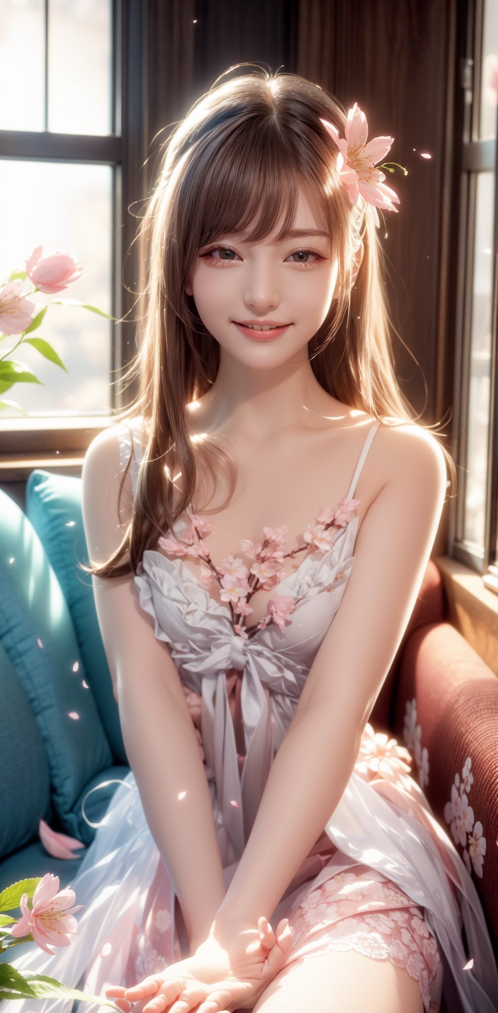 masutepiece, hight resolution, living room, dim light, virant color,cozy warm atmosfer, in the sofa, 30-year-old girl, Smiling at the camera, Finish as shown in the photo, the skin is milk white and beautiful, inner colored, Hair should be tied back, flower in hand, detailed room, window view, cherry_blossoms, falling_petals,