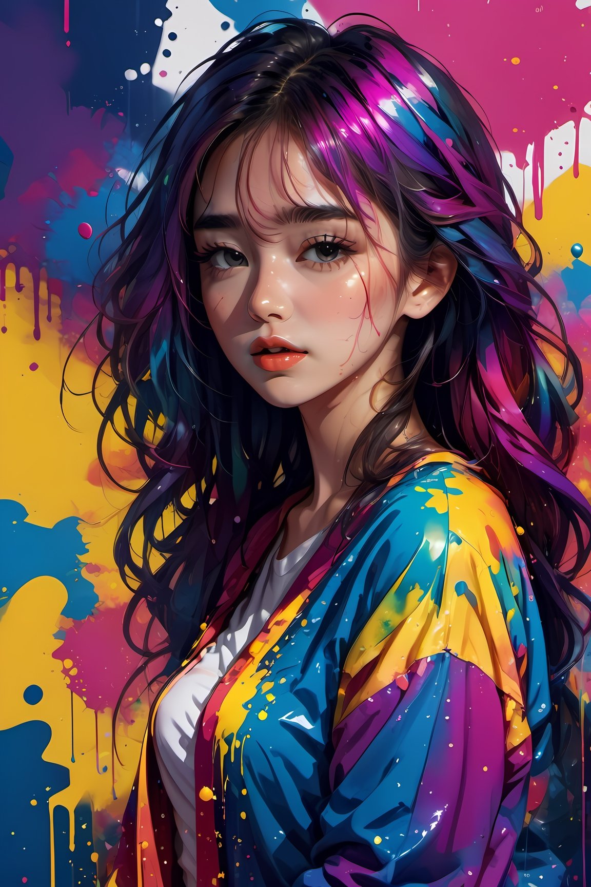 ColorART,pop_art, masterpiece,beauty,1girls,close_up,messy_hair,illustrator,adobe illustrator,splash color background,waist_up,aesthetic portrait,dfdd,full_body,fancy clothes,dripping paint,abstact,LinkGirl