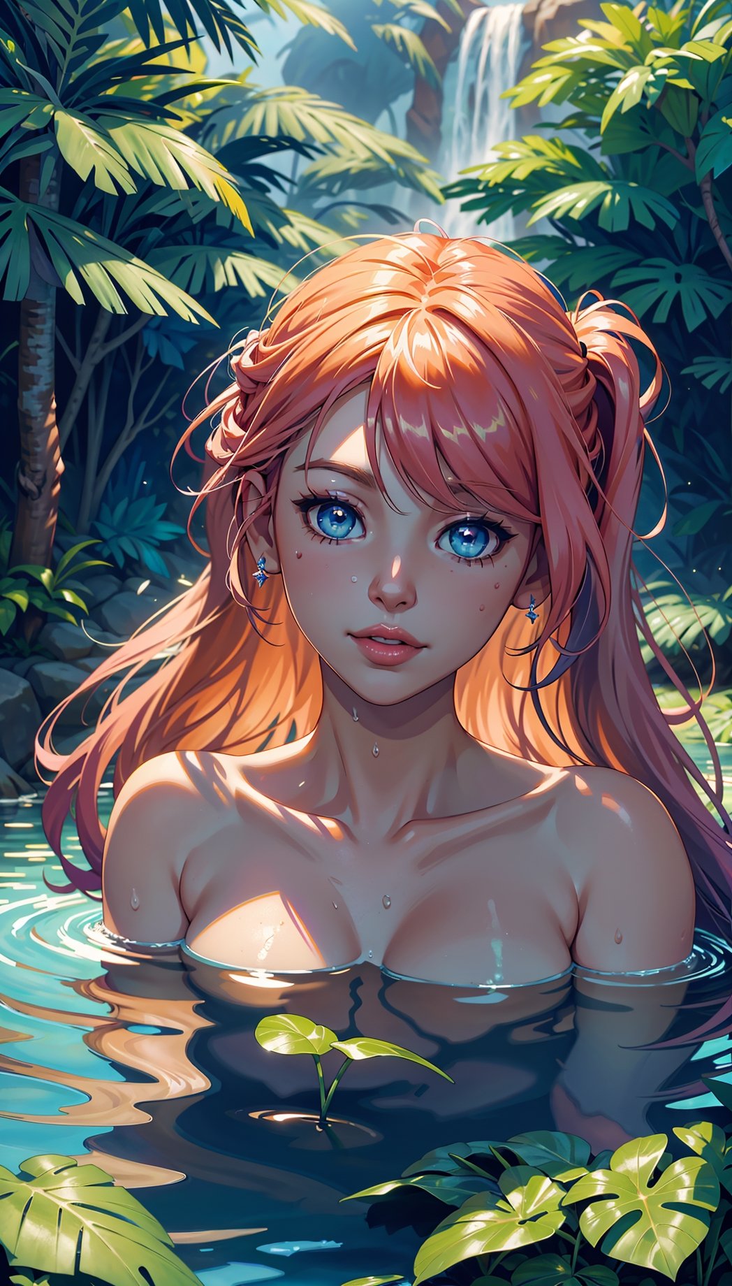 Create a vivid and enchanting anime-style scene set in a fantasy world. In this scene, depict two beautiful girls immersed in a crystal-clear river, joyfully playing with the water. The river should be surrounded by lush, vibrant scenery, and the girls should be interacting with water in a playful and captivating way, with splashes adding to the magic of the moment. Capture the beauty of this friendship and the serene, picturesque atmosphere of their surroundings, making it a truly captivating and enchanting image. ((Perfect face)), ((perfect eyes)), ((super realistic high quality image)), 