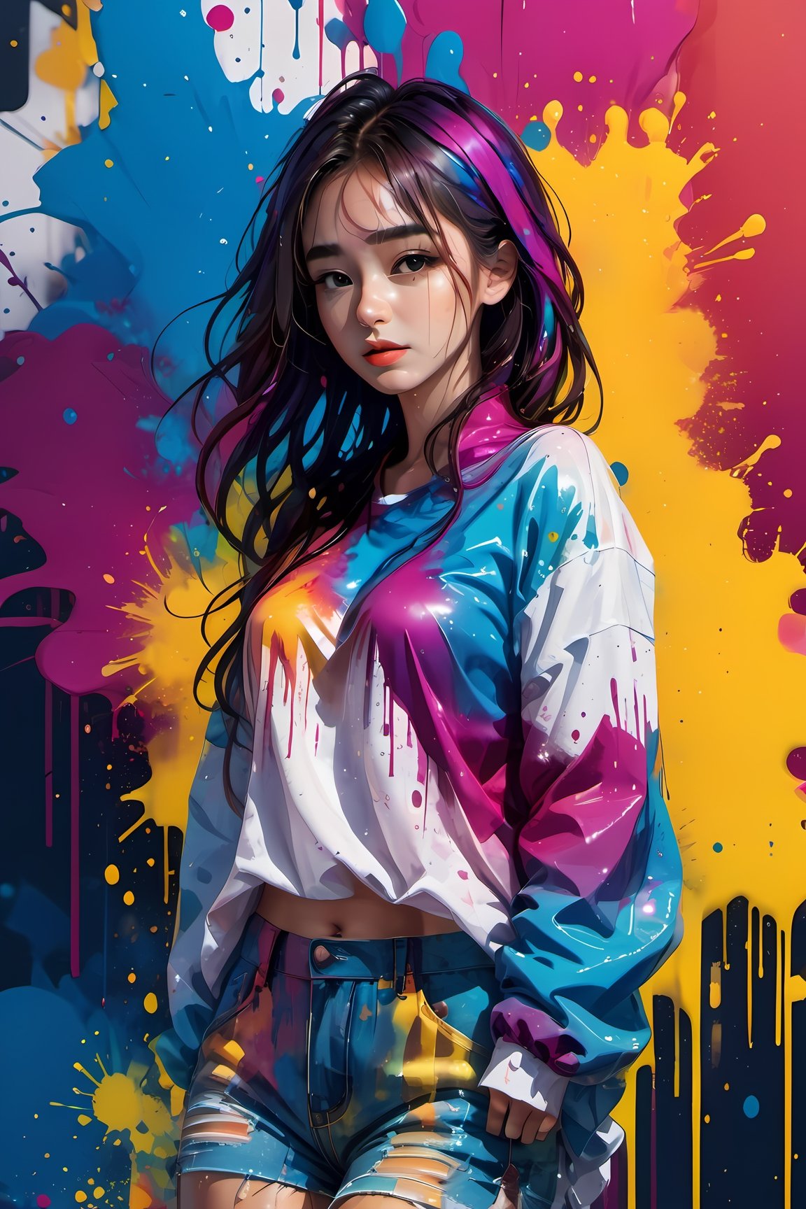 ColorART,pop_art, masterpiece,beauty,1girls,close_up,messy_hair,illustrator,adobe illustrator,splash color background,waist_up,aesthetic portrait,dfdd,full_body,fancy clothes,dripping paint,abstact,LinkGirl