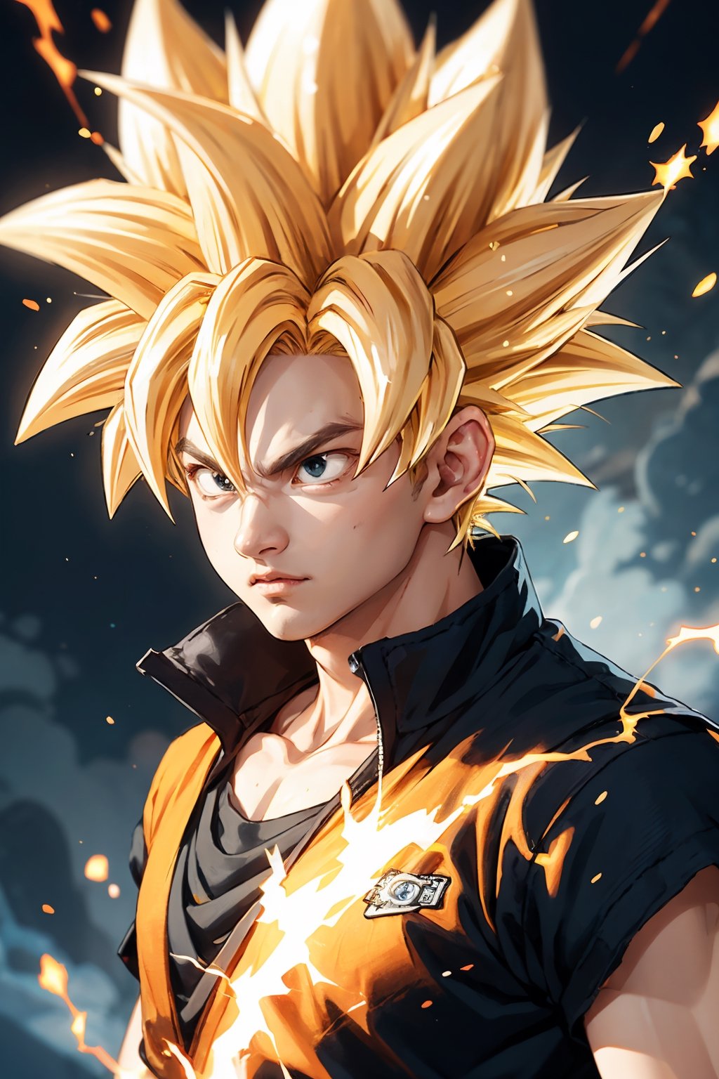 a close up of a person , concept art inspired by Akira Toriyama, trending on Artstation, shin hanga, human goku, highly detailed portrait of goku, dragon ball artstyle, dragon ball concept art, goku as an asian man, son goku, portrait of goku, dragon ball style, advanced digital anime art, anime style artwork
yellow hair, electricity spark,