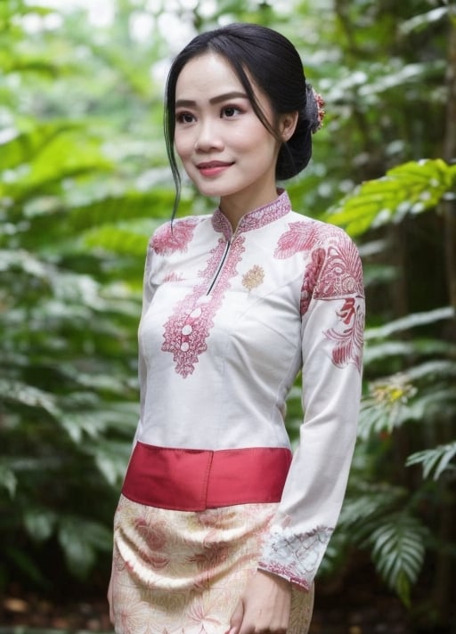 1 girl,indonesia,traditional,tight white kebaya,asian,asian_clothing,beauty_mark, best lightning,best finger,best shadow,full_body,red kebaya ,batik skirt ,garden,forest,summer,Detailedface,tit1