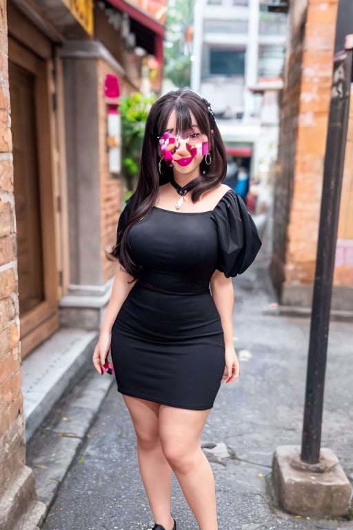 1 girl , ,full body,smile ,black hair , black dress ,asian , indonesia ,masterpiece ,perfect lightning . face,beauty_mark,street thailand ,street,perfect eyes,thicc
