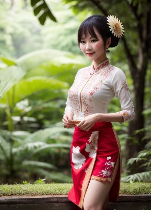 1 girl,indonesia,traditional,tight white kebaya,asian,asian_clothing,beauty_mark, best lightning,best finger,best shadow,full_body,red kebaya ,batik skirt ,garden,forest,summer