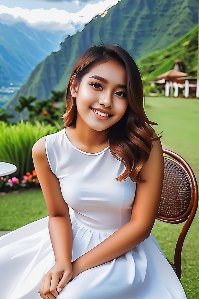 (best quality, 8K, highres, masterpiece), 1 girl 20 yo , sit on chair ,cafe ,white dress ,cafe on garden ,mountain ,realistic ,real life ,perfect ,mole mark ,beautiful ,smile , Indonesia 