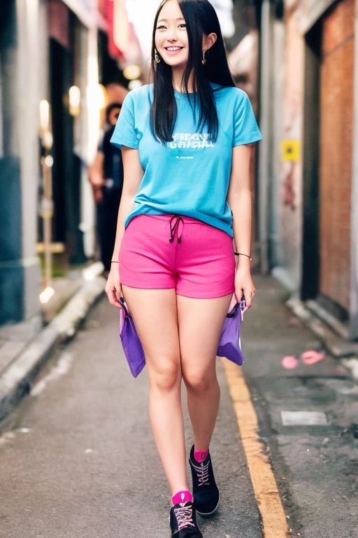 1 girl , ,full body,smile ,black hair ,wearing light blue tight t shirt, pink shortpants ,asian , indonesia ,masterpiece ,perfect lightning ., face,beauty_mark,street thailand ,street
