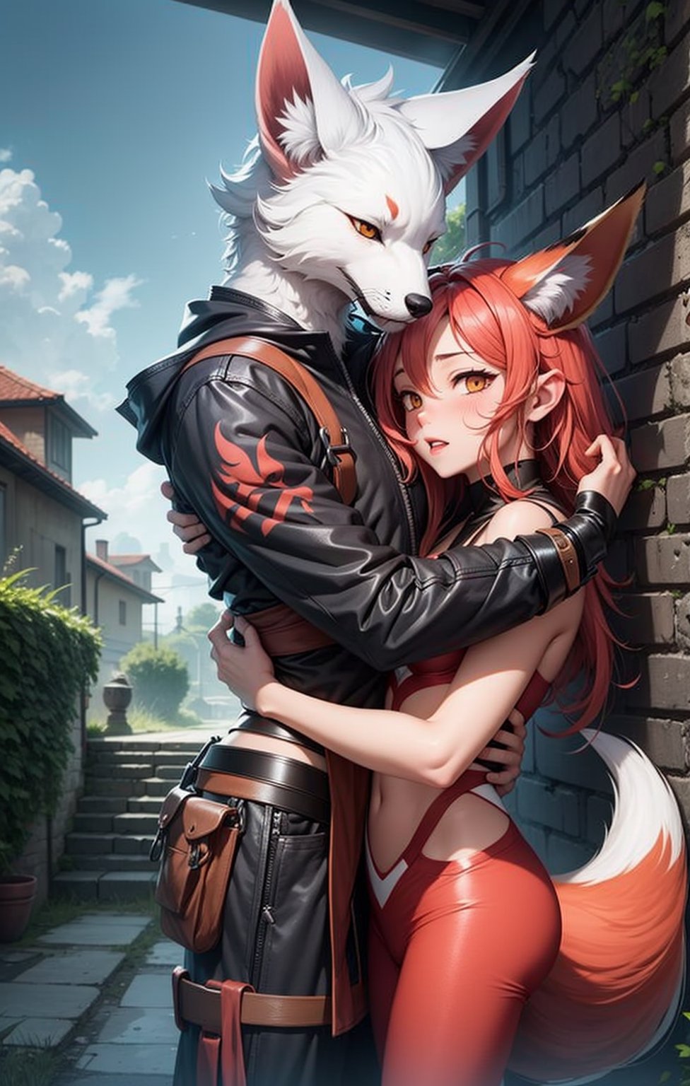 Furie cat boy and fox girl hugging