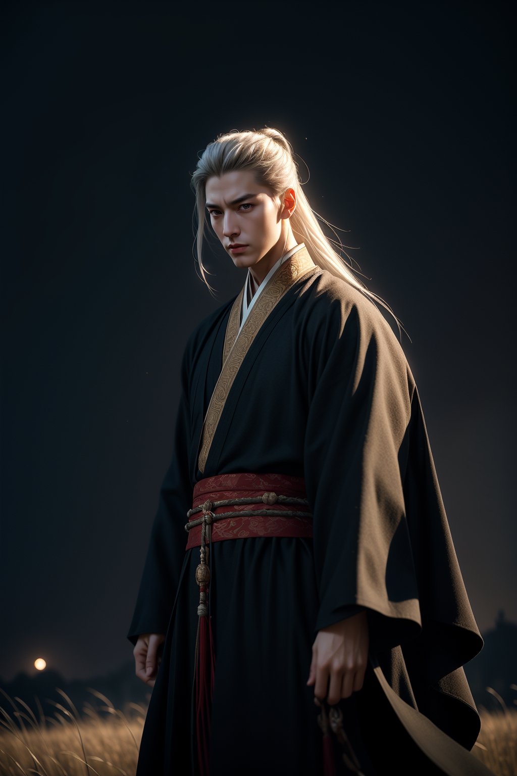 A handsome hanfu swordsman with white hair standing in the reeds prairie hill at the full moon night, wearing a dark outfit, misty, foggy, cinematic, masterpiece, best quality, high resolution 