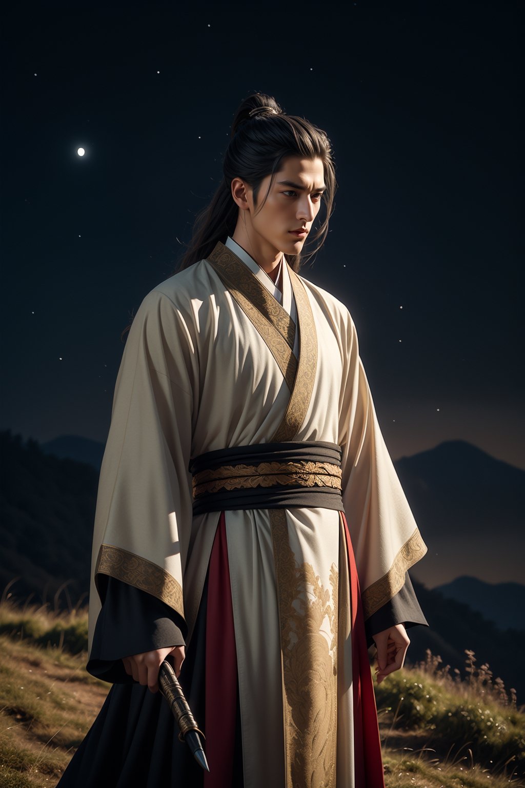 Create a picture of a handsome hanfu warrior with long white hair standing proudly on a hilltop at night. Depicting his figure as strong and dignified, with elegant clothes and a weapon tucked at his waist. Let the full moon or stars shine through the hills, adding a magical feel to the view. With a calm background and dark night, it depicts the majesty and might of a warrior in majestic solitude on a hill.