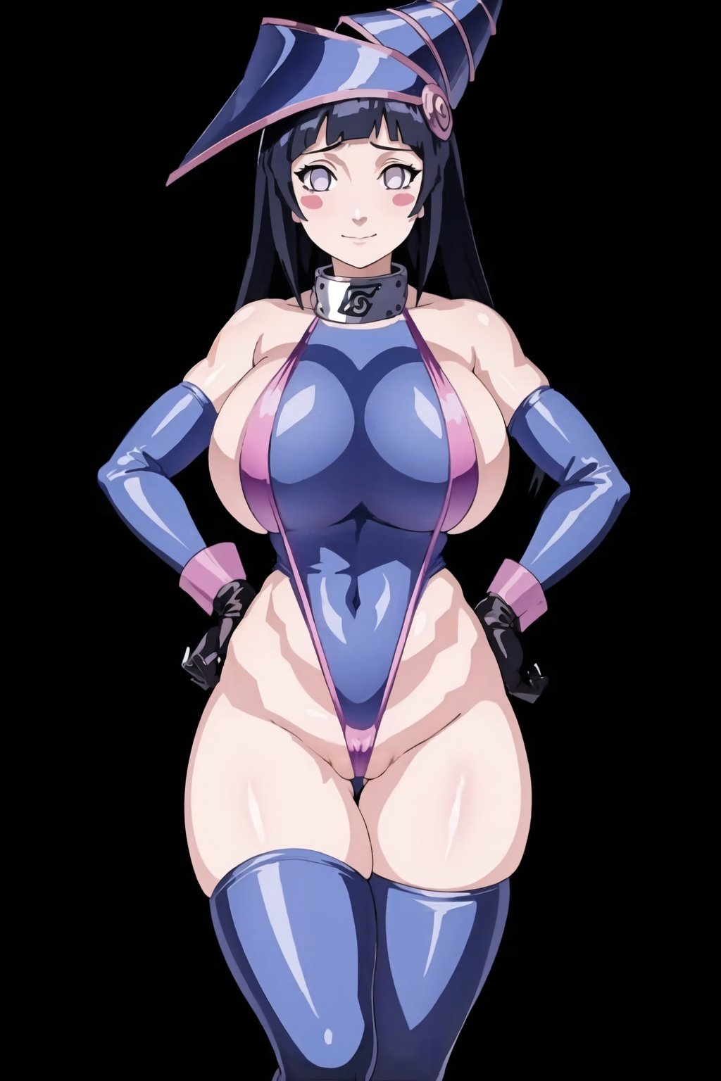 hinata\(shippuden\),  dark magician girl, masterpiece, best quality, 8k, 1girl, breasts, (huge breasts), looking at viewer, cowboy shot, (black hair), (long straight hair), wizard hat, headband around neck, konohagakure symbol, blush stickers, bare shoulders, pink color slingshot swimsuit, pink color one-piece swimsuit, thighhighs, hand gloves, (skirt), smile, standing, (symmetrical), closed mouth, legs together, (POV from the front), (hands on hips), simple background