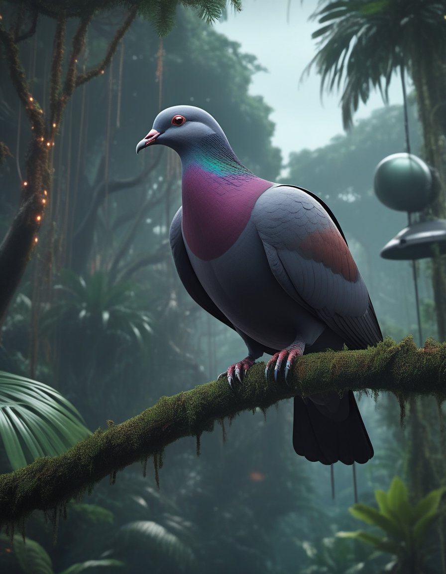 Realisticstyle, Christmas imperial dark pigeon on high tree branch, background deep jungle above lagoon, imprisoned in a flying missile, photorealistic, vary render, Kawai, sorrier, oculus futurists, cyberpunk, cinematic.