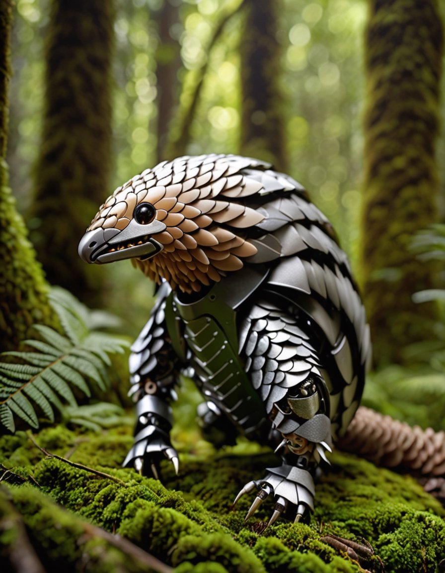 award winning photography of Robotic pangolin, very detail work, shiny steel scale, tropical forest with full moss,  ((best quality)), ((highly detailed)), (( (perfect detail, perfect photo))), (masterpiece:1.3), (high resolution), (8K), (extremely detailed), (4k), blurry background, bokeh, dark theme