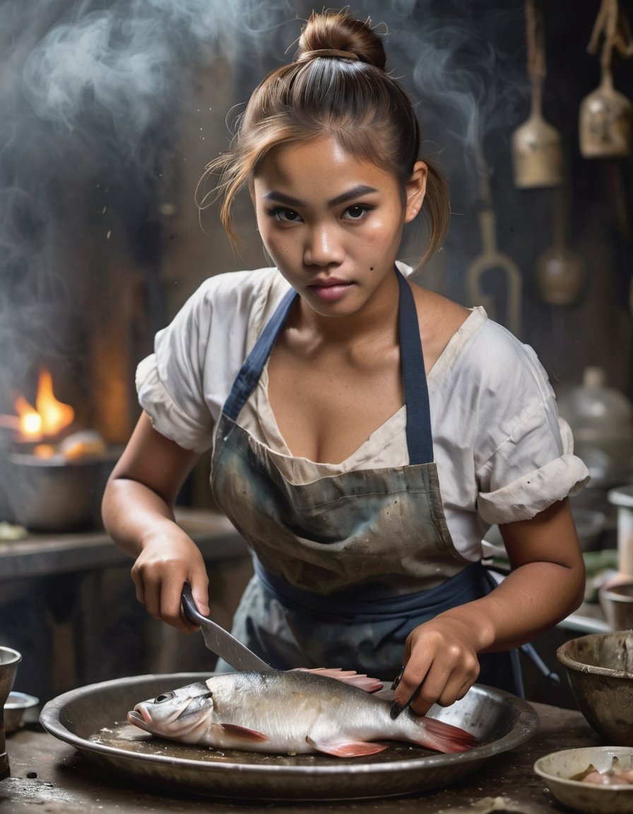  fishmonger beautiful Filipino 1girl 24yo serve buyer, striking fish with knife in Smoky Conditions, messy light brown hair with bun, shabby apron, hourglass body shape, super model lookalike, telephoto lens, 