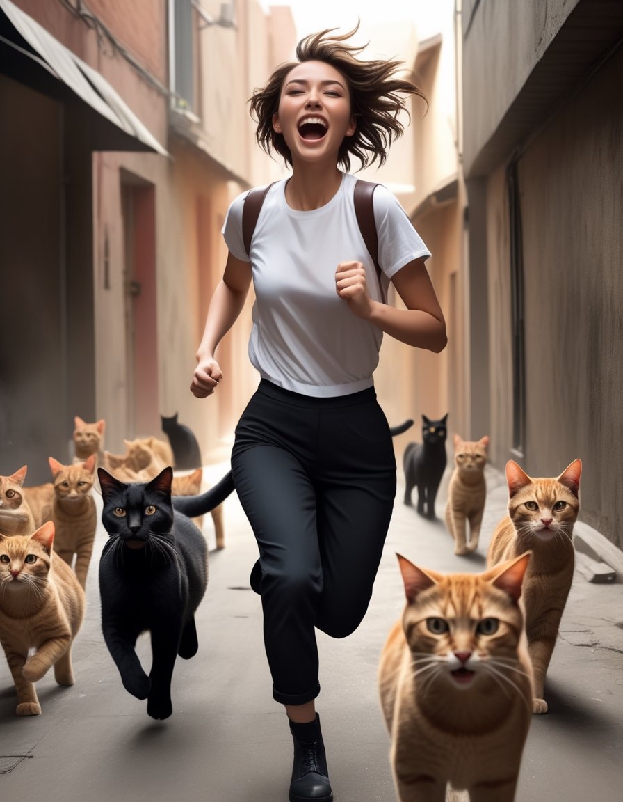 20 yo woman, running through alley chasing by lot of cats, (cat yawing), while laughing, slim ripped body, short brown hair low bun, high contrast, (natural skin texture, hyperrealism, soft light, sharp),  shabby warepack tight white cloth and dark pants, wearing  boots, silo tech background, low key, top light, dark theme, highly detailed, wide-angle, cinematic still, masterpice
,Movie Still,Film Still,Cinematic,Cinematic Shot,Cinematic Lighting