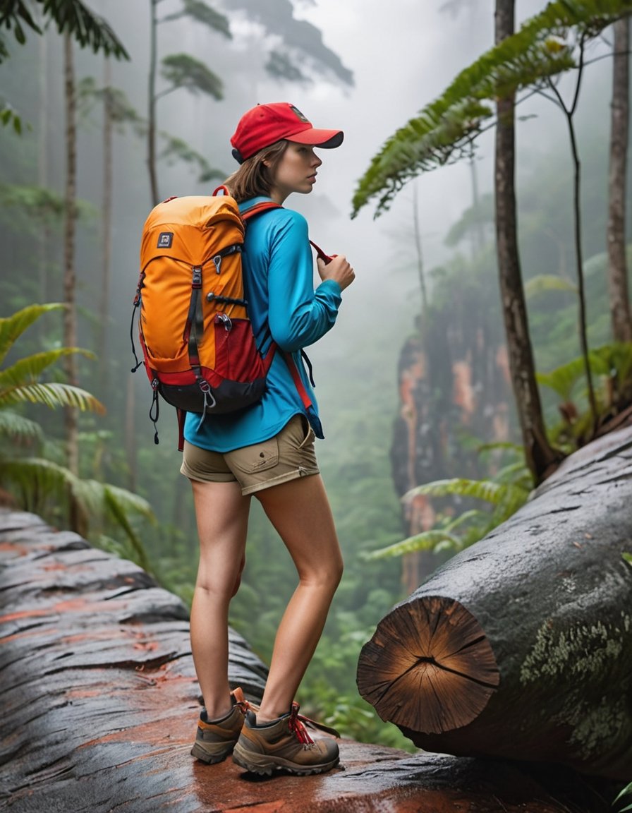 RAW photo, beauty girl 22 years old, short brown hair, short hiking pants, hiking outfit, red hat, hiking boot, orange outdoor backpack, looking at edge of rock cliff, sweaty, hourglass body, pretty ass, log legs, backgound tropical forest, morning foggy condition, ,photo r3al,Movie Still,b3rli