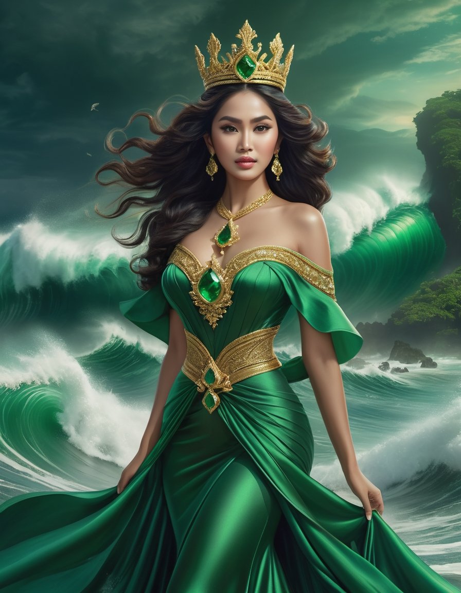 Photorealistic Beautifull (Javanese women), big eyes, hourglass body shape, Goddess, Queen of Sea, wearing (green) glamour long dress with jewel, gold crown, holding poseidon trident, cleavage, wide hips, Flying above big wave sea, thunderstorm, photorealistic, masterpiece,ethereal lighting, Javanese bun hair,Movie Still, full body