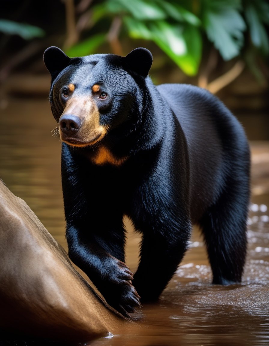 (Sun Bear), Malaysian sun bear, Honey Bear, young age, near water,  background tropical rain forest, full body shot, highly detailed, (realistic fur), ((Masterpiece)), ((Immersive)), ((Vibrant)), ((Astounding)), ((4K)), ((Breathtaking)), Indonesian, raw photo, higly Untouched photo, original photo, RAW Image, cinematic lighting, Filmic illumination, Evocative lighting, Dramatic lighting, Wide aperture, Isolated subject, 3d fluffy,  adorable, cute big circular reflective eyes, long fuzzy fur,  cinematic smooth, intricate detail, cinematic
